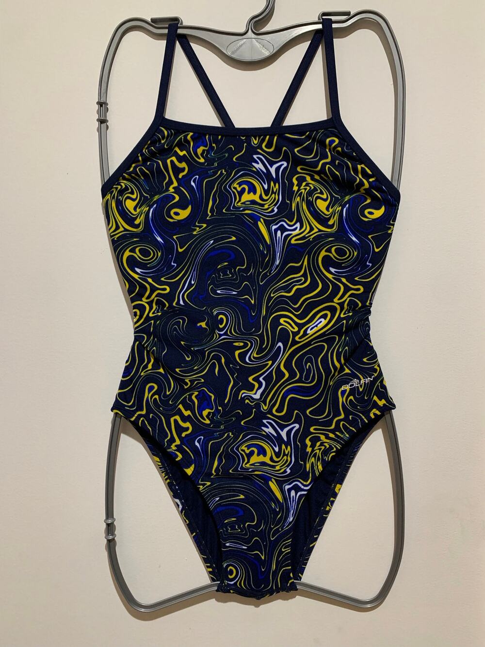 Dolfin Reliance Forcefield V-Back One Piece Swimsuit Size 32 Navy Gold